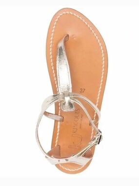 $376 K. Jacques Buffon Metallic Silver Strappy Flat Thong Sandals 37 7